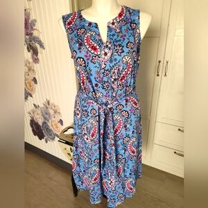 TALBOTS SEASIDE PAISLEY TIE-WAISST SLEEVELESS BLUE JERSEY MIDI DRESS 1X 16-18